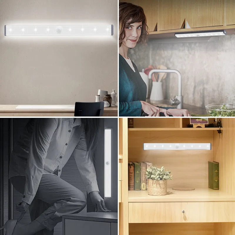 Silver aluminium LED strip light with magnetic backing for wardrobe and cupboard installation.