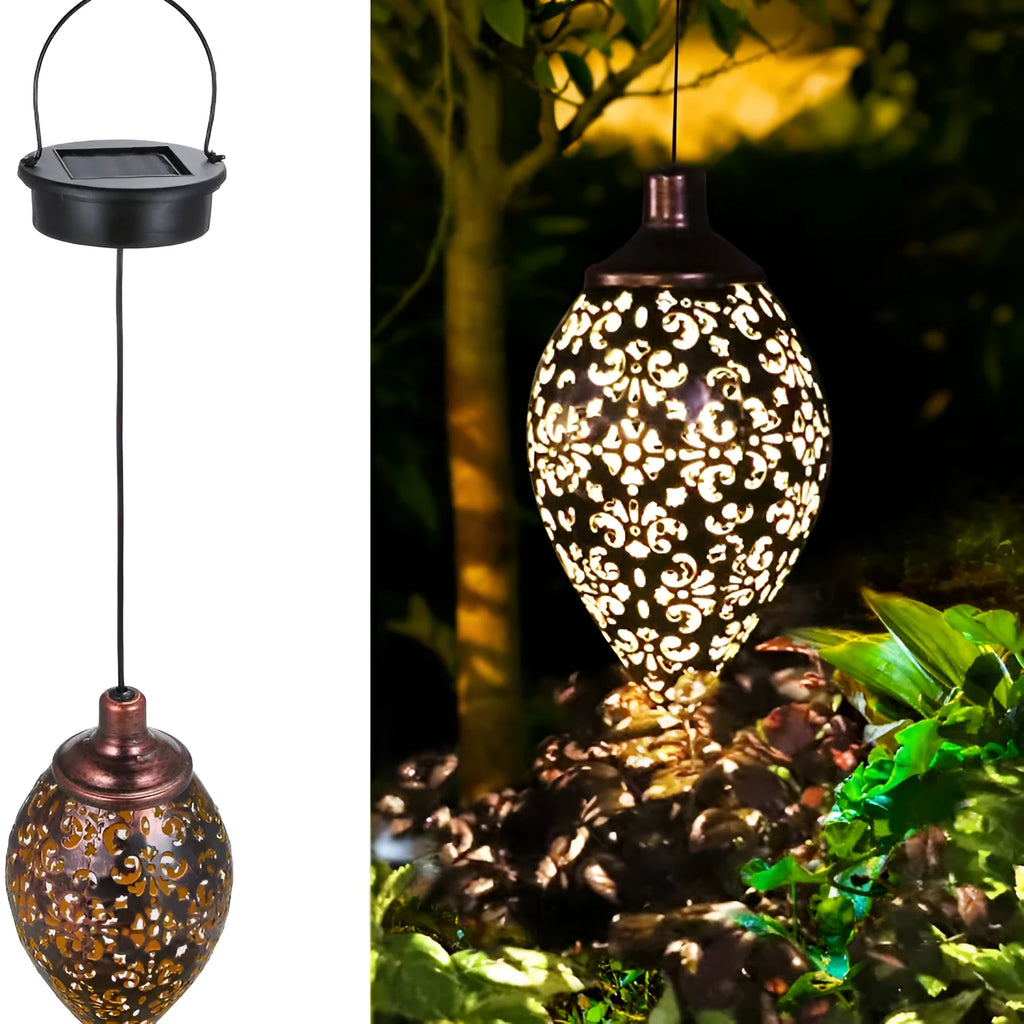 Outdoor waterproof solar hollow lamp made of iron with polysilicon solar panel, 10x10x60cm, warm white light