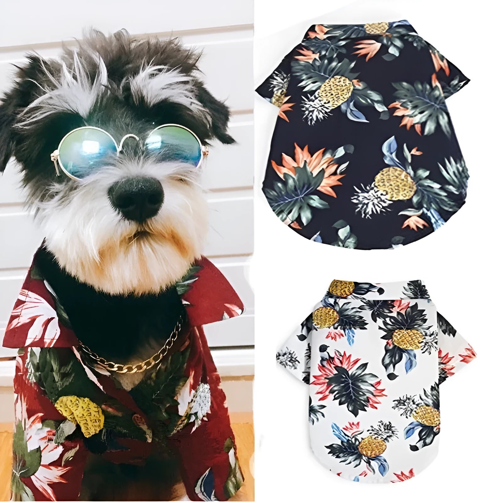 Hawaiian dog style shirt in cotton with multicolor print on a white background, sizes XS to XXL