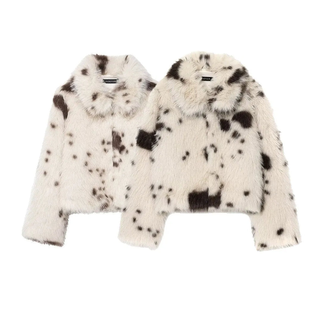 Women's artificial fur animal pattern long sleeve coat with faux fur collar in brown colour socialite style