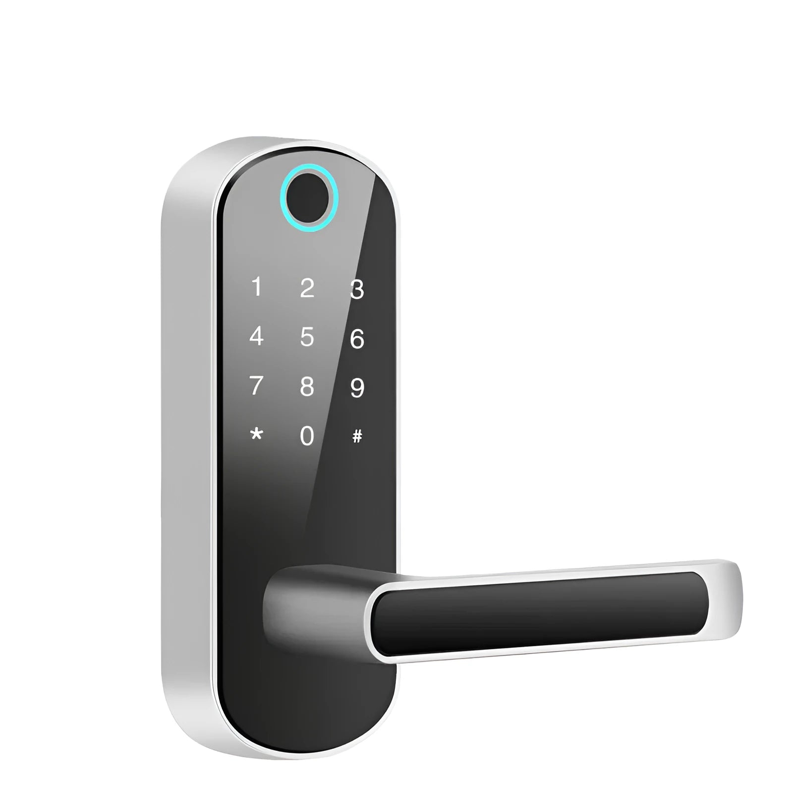 Smart Bluetooth fingerprint door lock in black or silver finish mounted on a wooden door.