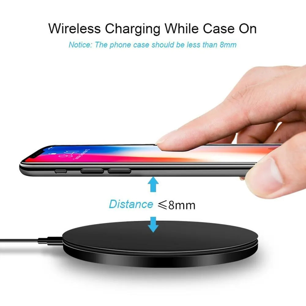 Ultra-thin black wireless charging pad measuring 98mm square with 6.5mm profile