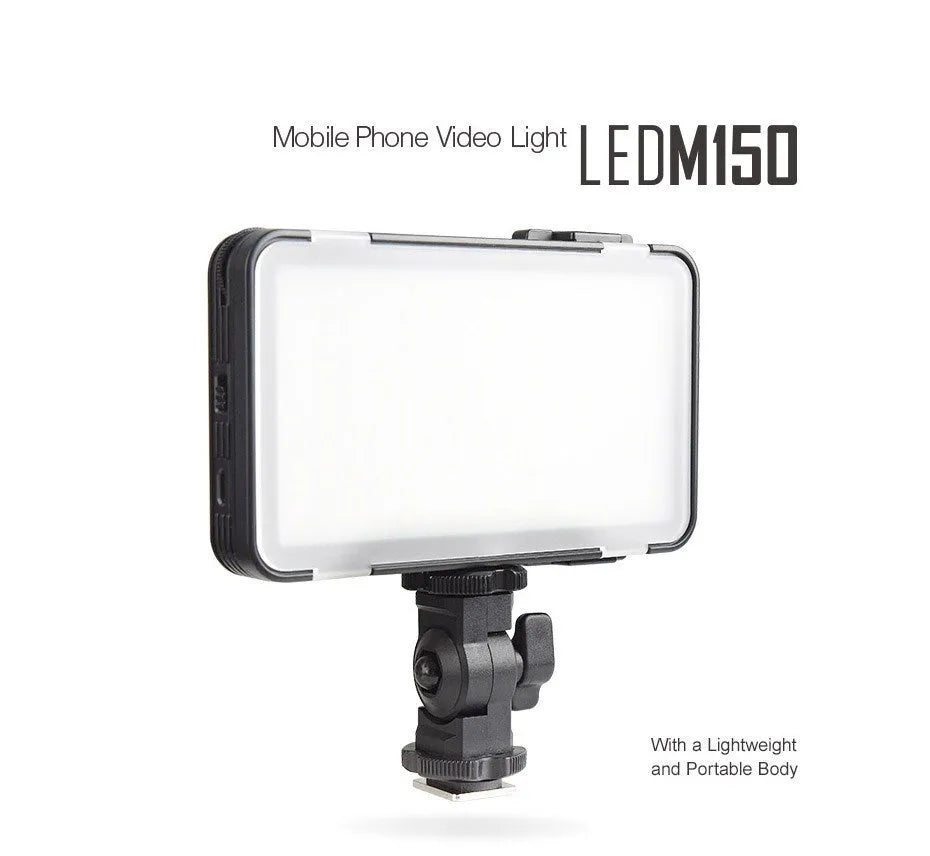 Slim silver Shenniu M150 LED video light mounted on a mobile phone showing its thin 20mm aluminium profile.