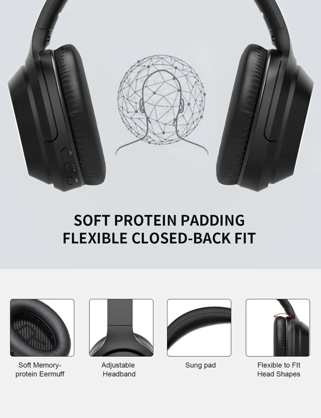 Black over-ear Bluetooth headphones with memory-protein ear cushions and stainless steel headband adjustment