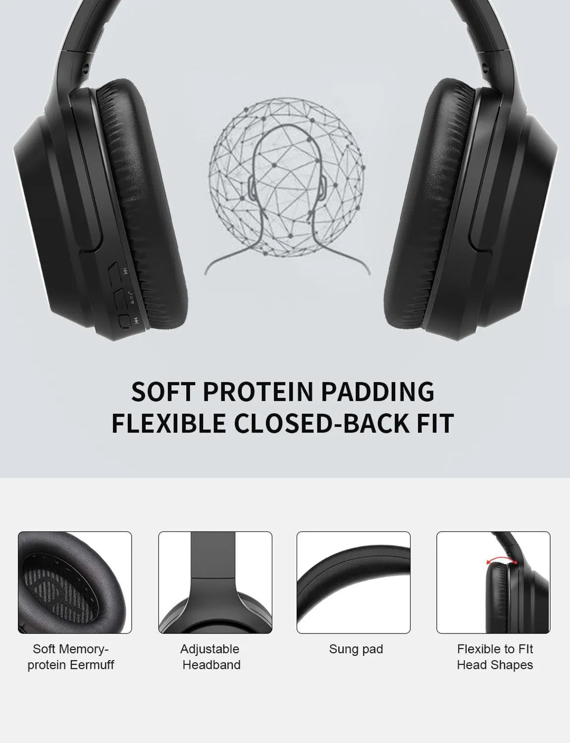 Black over-ear Bluetooth headphones with memory-protein ear cushions and stainless steel headband adjustment