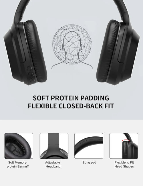 Black over-ear Bluetooth headphones with memory-protein ear cushions and stainless steel headband adjustment
