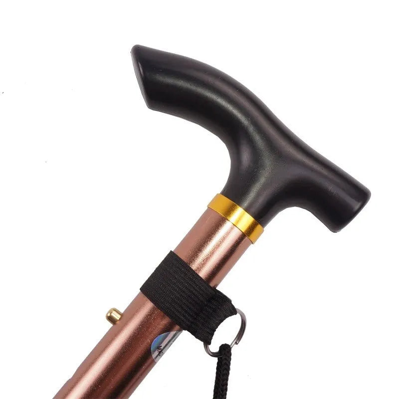 Aluminium folding walking cane extended to show height adjustment with non-slip handle