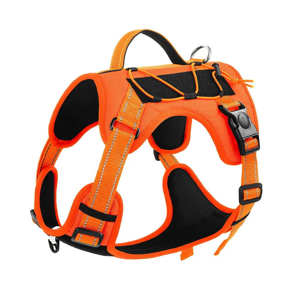 Orange explosion-proof dog harness vest with reflective strips and a black hand grip rope attached.