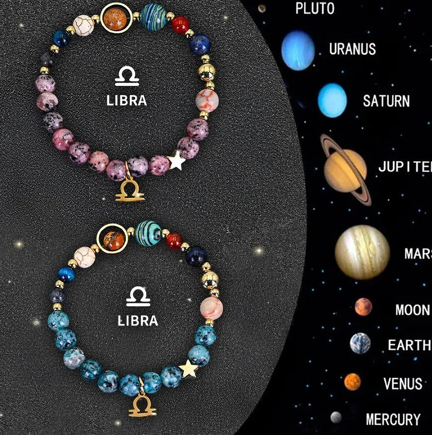 Natural stone zodiac beaded bracelet set showing two matching bracelets with astrology-themed design