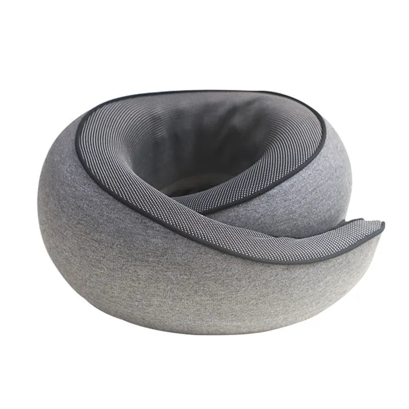 U-shaped memory foam travel neck pillow in light grey with a storage bag.
