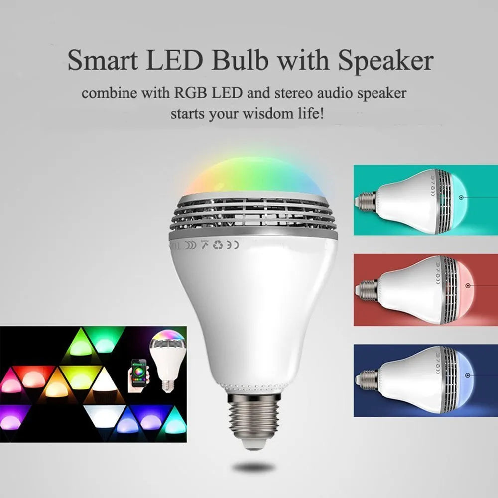 E27 LED smart bulb with Bluetooth speaker showing RGB+W colour changing light capabilities