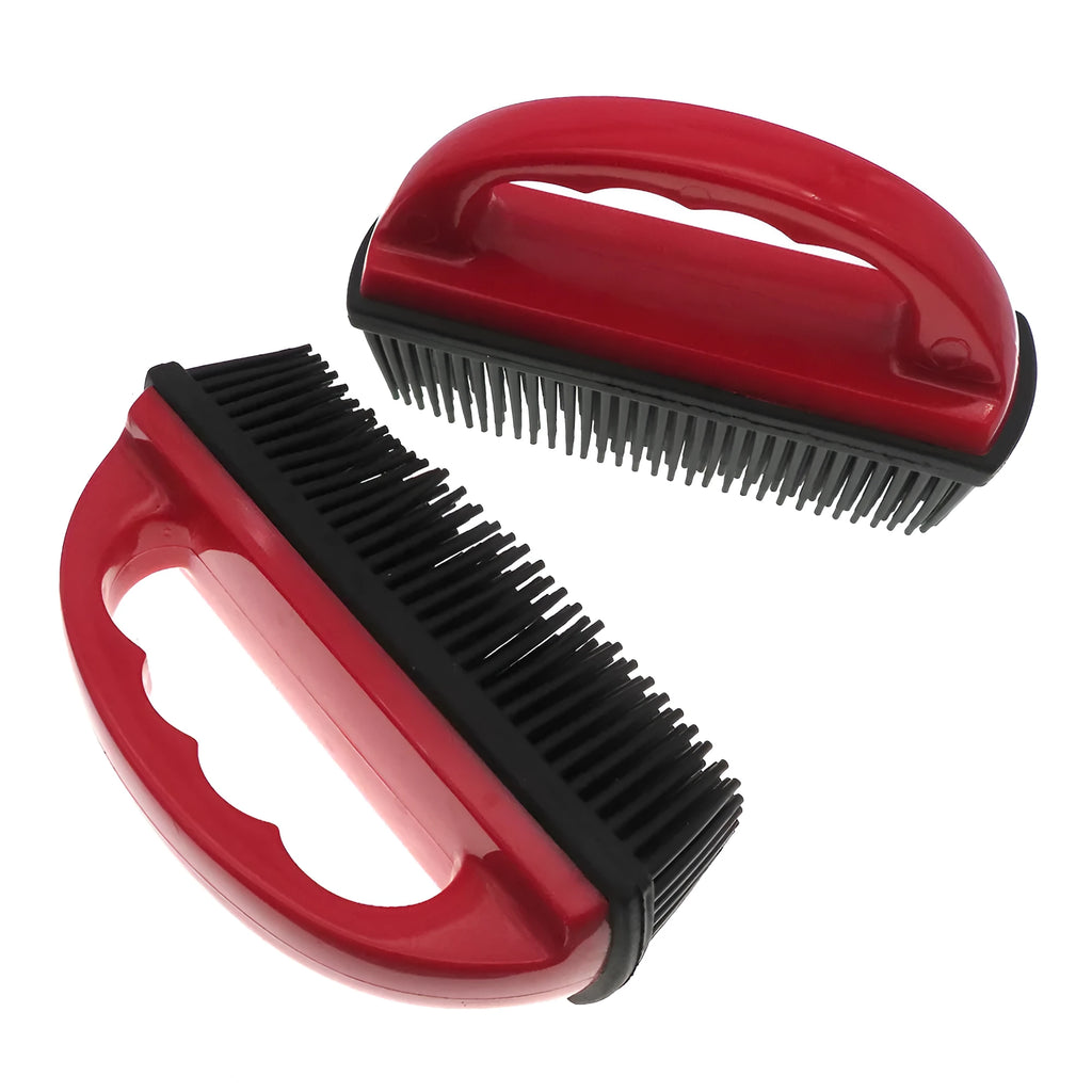 Red pet hair removal brush for grooming and carpet cleaning, dimensions 160mm by 85mm