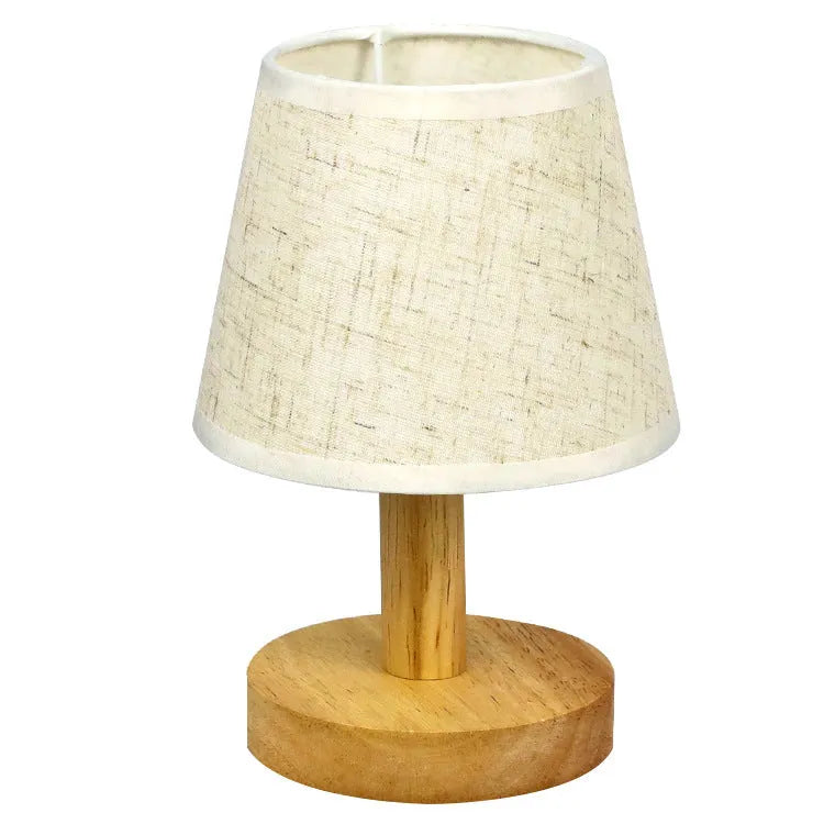 Korean vintage pleated table lamp with jute and linen shade on bamboo base, showing USB port.