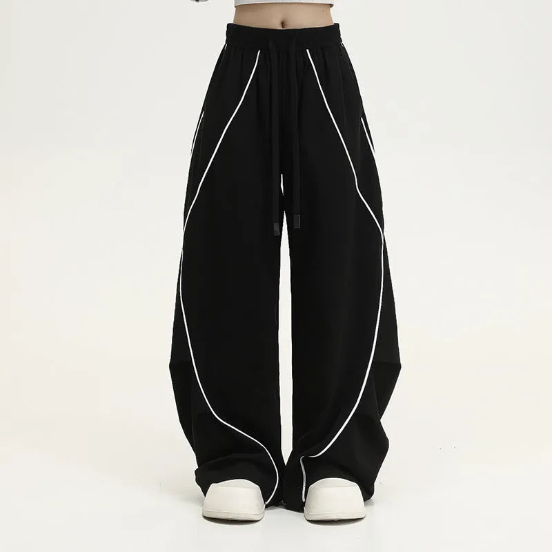 Black pleated wide-leg hip hop sports trousers with a striped pattern