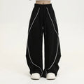 Black pleated wide-leg hip hop sports trousers with a striped pattern