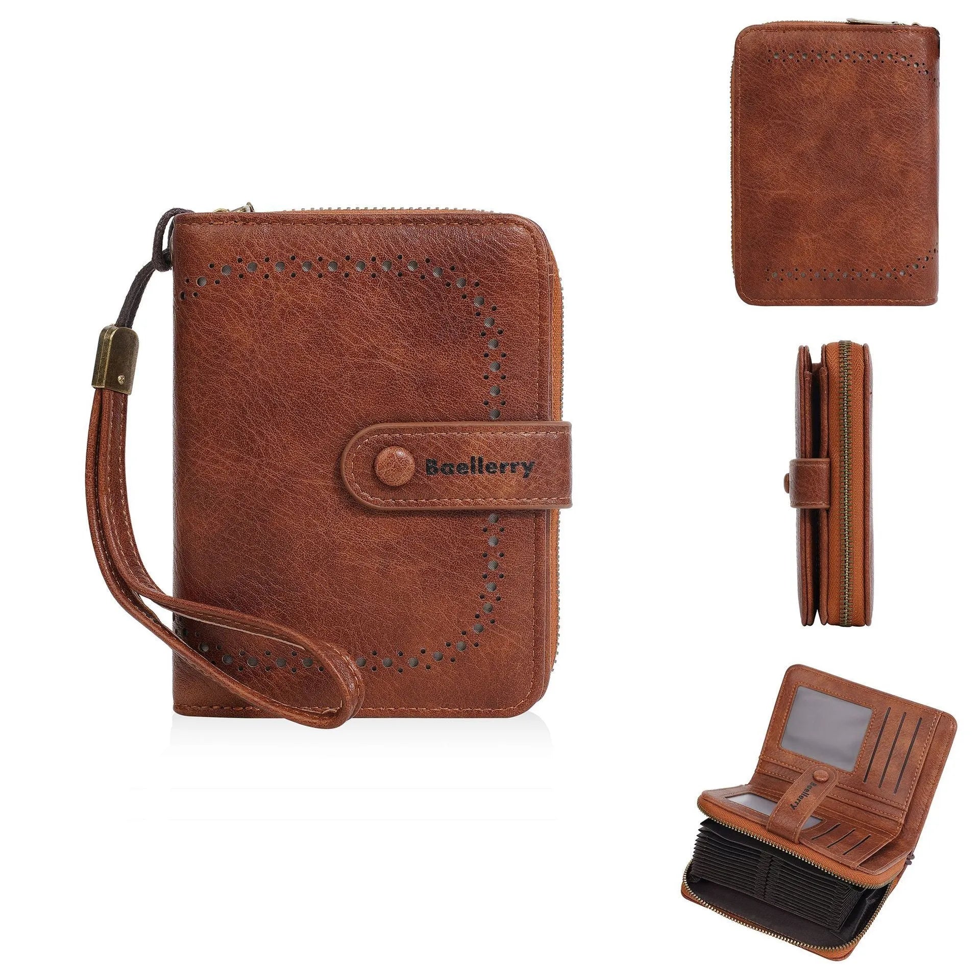 Women's black PU leather zipper coin purse with integrated card slots open.