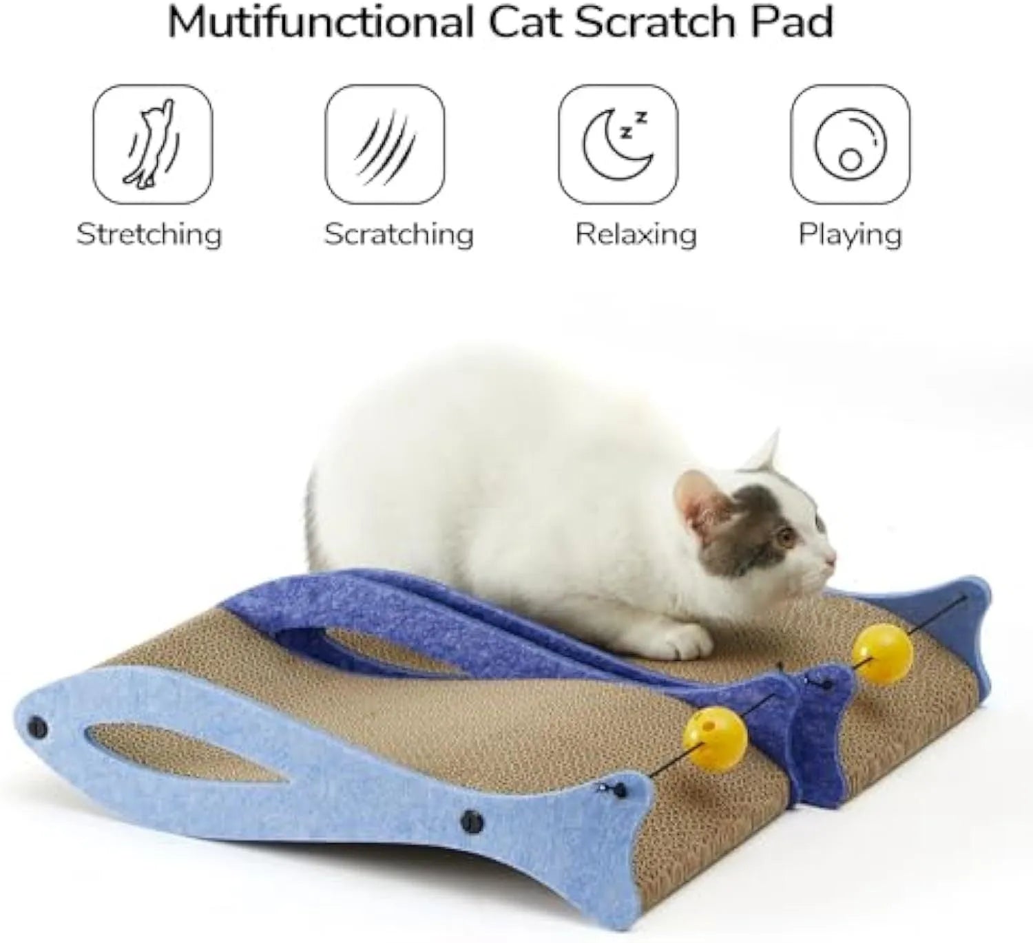 Blue fish-shaped cat scratcher pad with ball toy on elastic cord, cardboard construction with wavy lounge surface