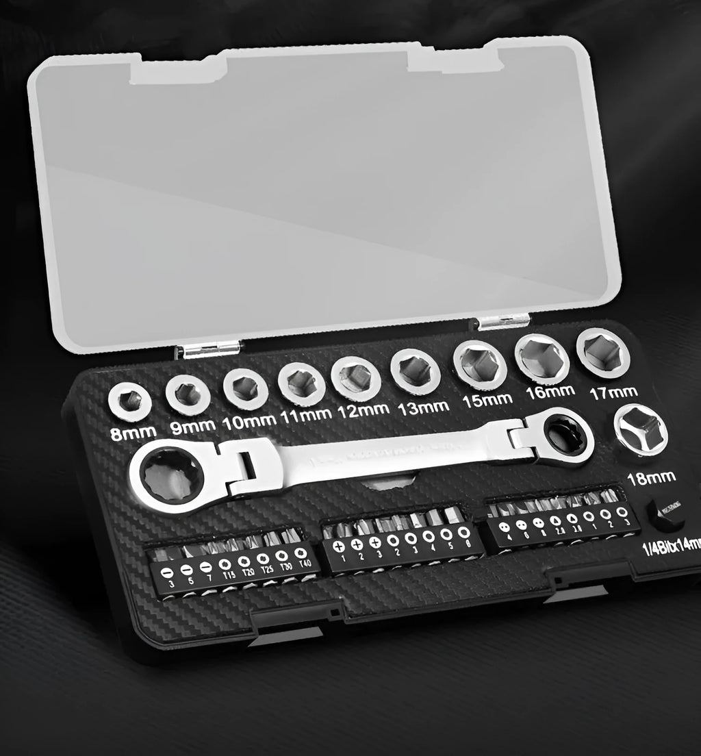 Dual-purpose ratchet wrench and screwdriver set with a collection of ten sockets and three bit heads laid out.