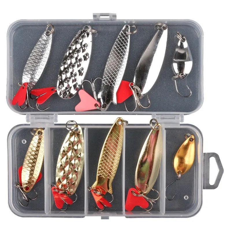 Fishing lure box with pineapple-shaped iron false baits and metal sequins in gold and silver colours