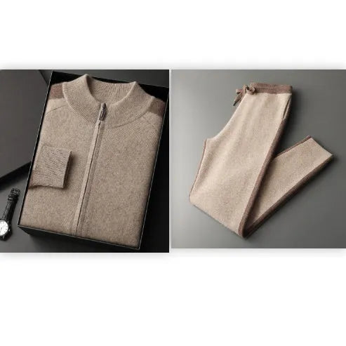 Men's cashmere wool blend cardigan suit with half turtleneck zipper top and matching trousers in winter sports style