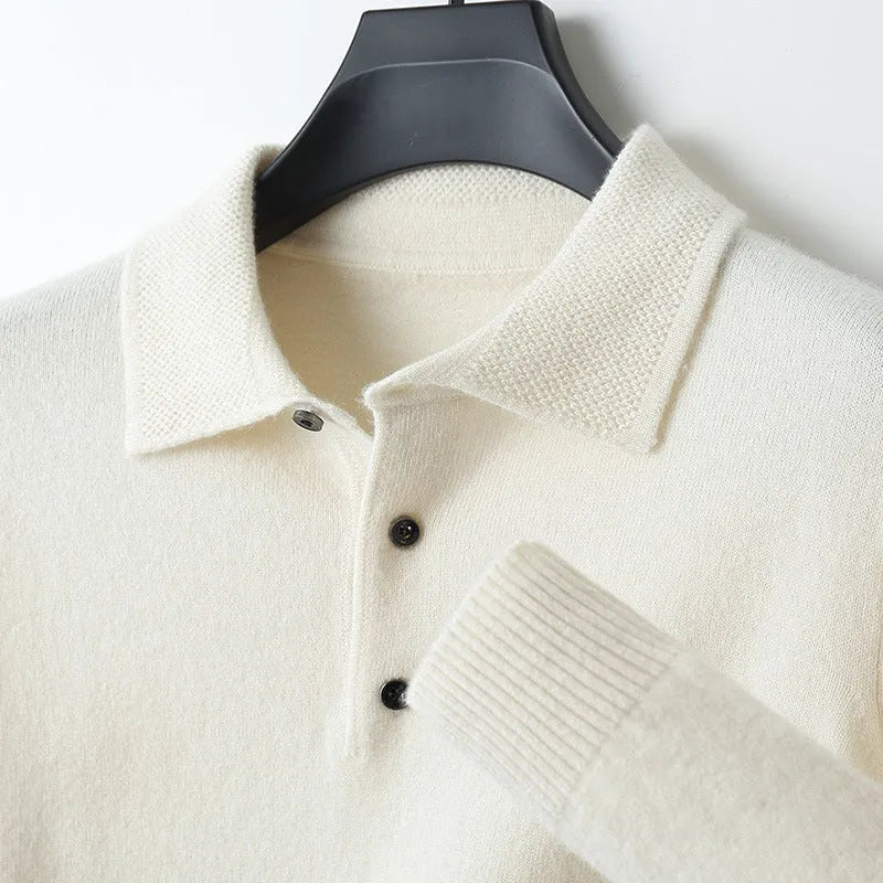 Men's wool polo collar pullover sweater in multiple colours with long sleeves and collage stitching detail.
