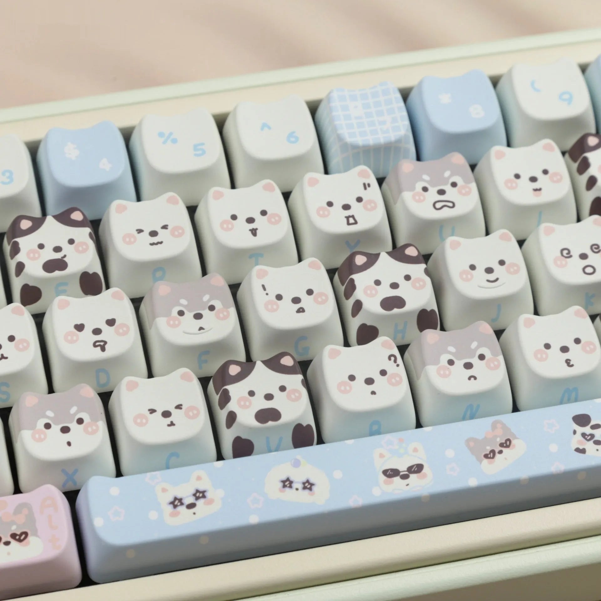 Full set of colourful puppy design PBT plastic key caps for a mechanical keyboard.