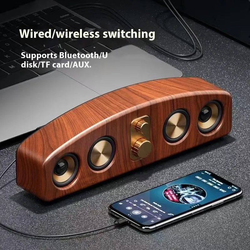 Retro portable Bluetooth speaker in wood grain finish with USB cable, for outdoor use