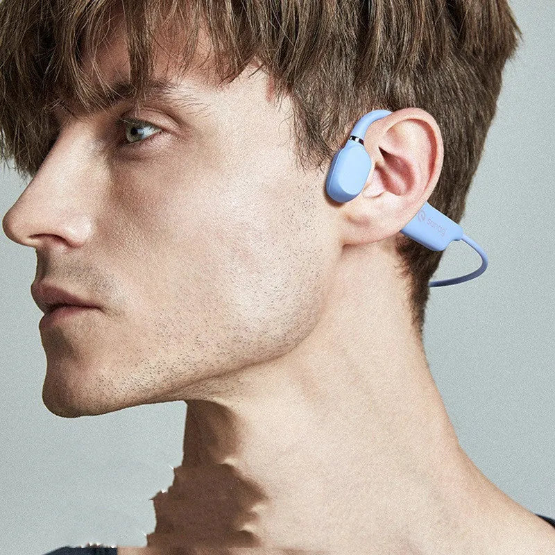 Bone conduction Bluetooth sports headphones with a neckband, shown in multiple colours including red and blue.
