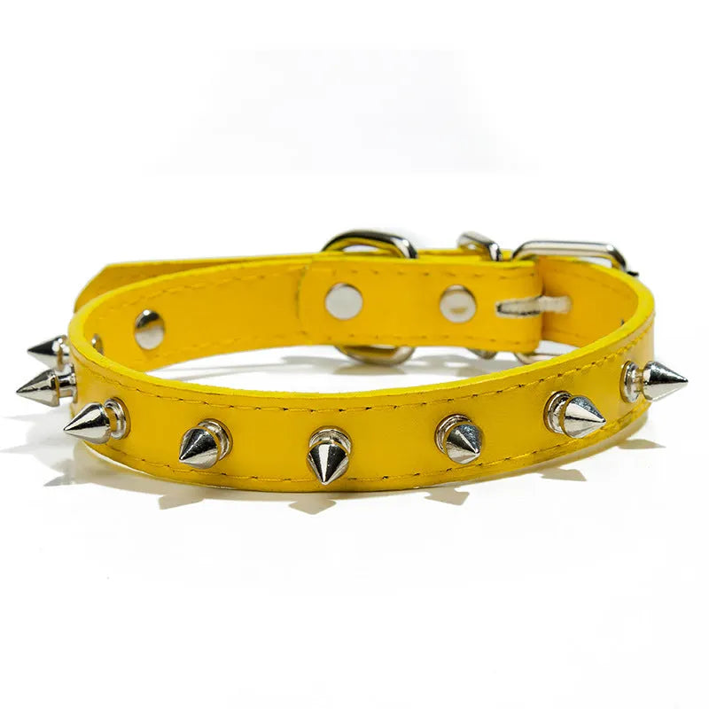 Colourful studded dog collar with metal spikes on thickened PU leather, showing alloy metal fastener and six colour options