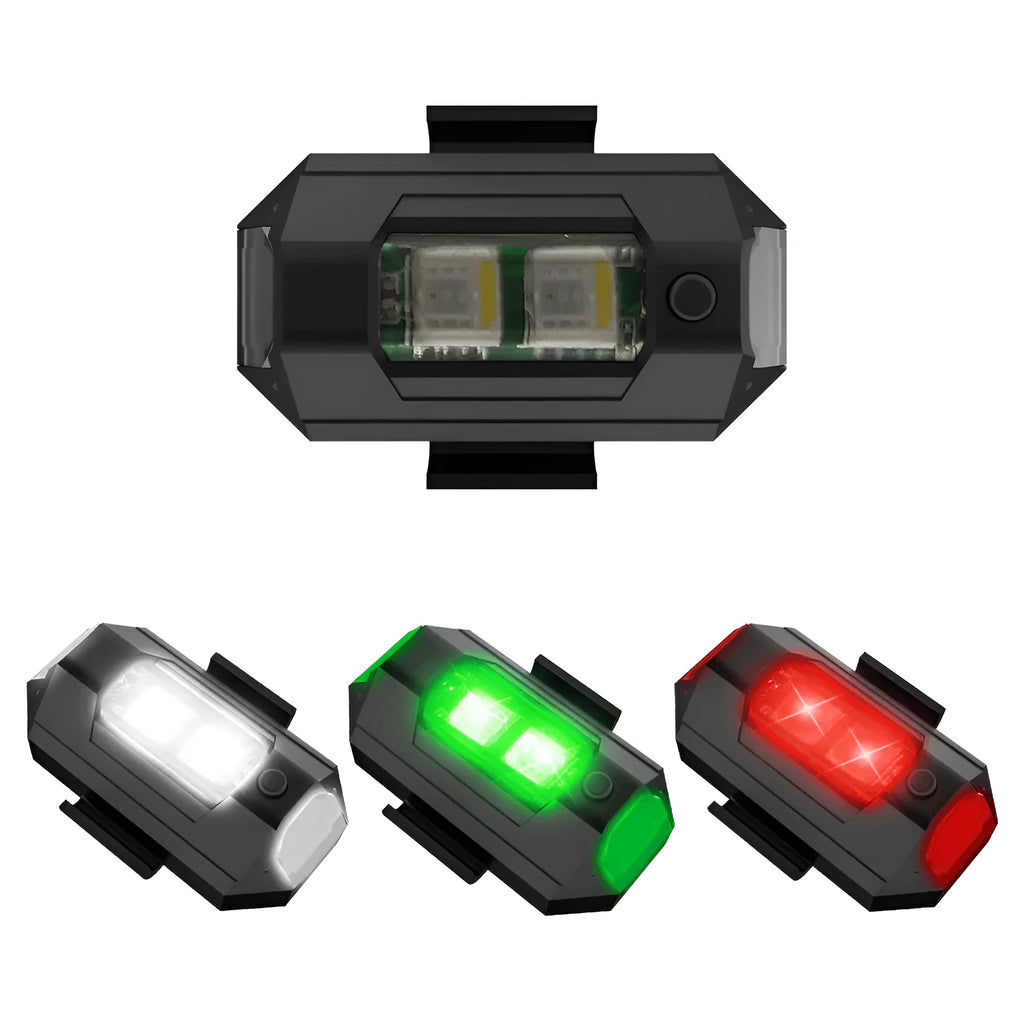 Drone signal light with RGB LED system showing multiple colours, includes mounting tape and ring belts