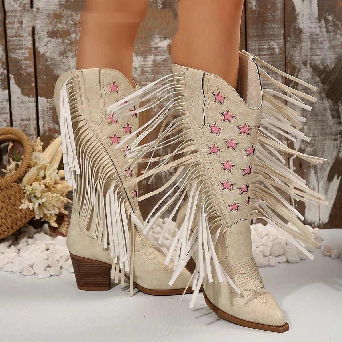 Fashion women's high heel tassel embroidery boots in beige, artificial PU upper, rubber sole