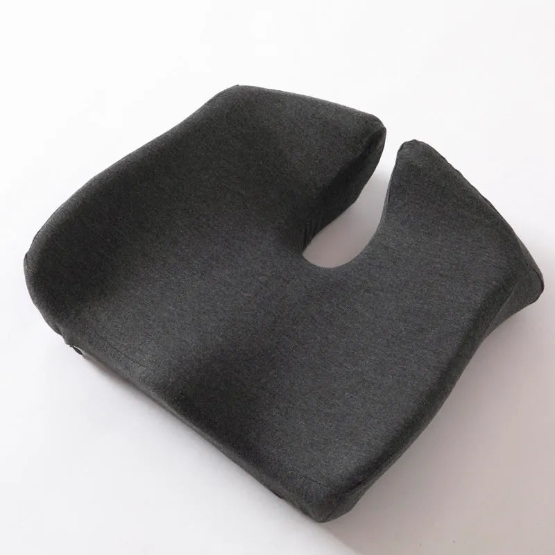 Memory foam office chair cushion measuring 36x40x11cm in dark grey with solid colour polyester cover.