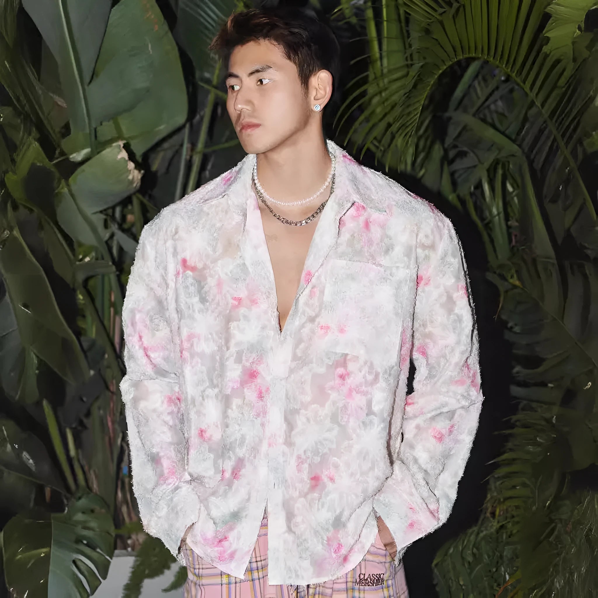 Blue floral long sleeve shirt with embossed three-dimensional pattern in loose fit chemical fibre blend fabric