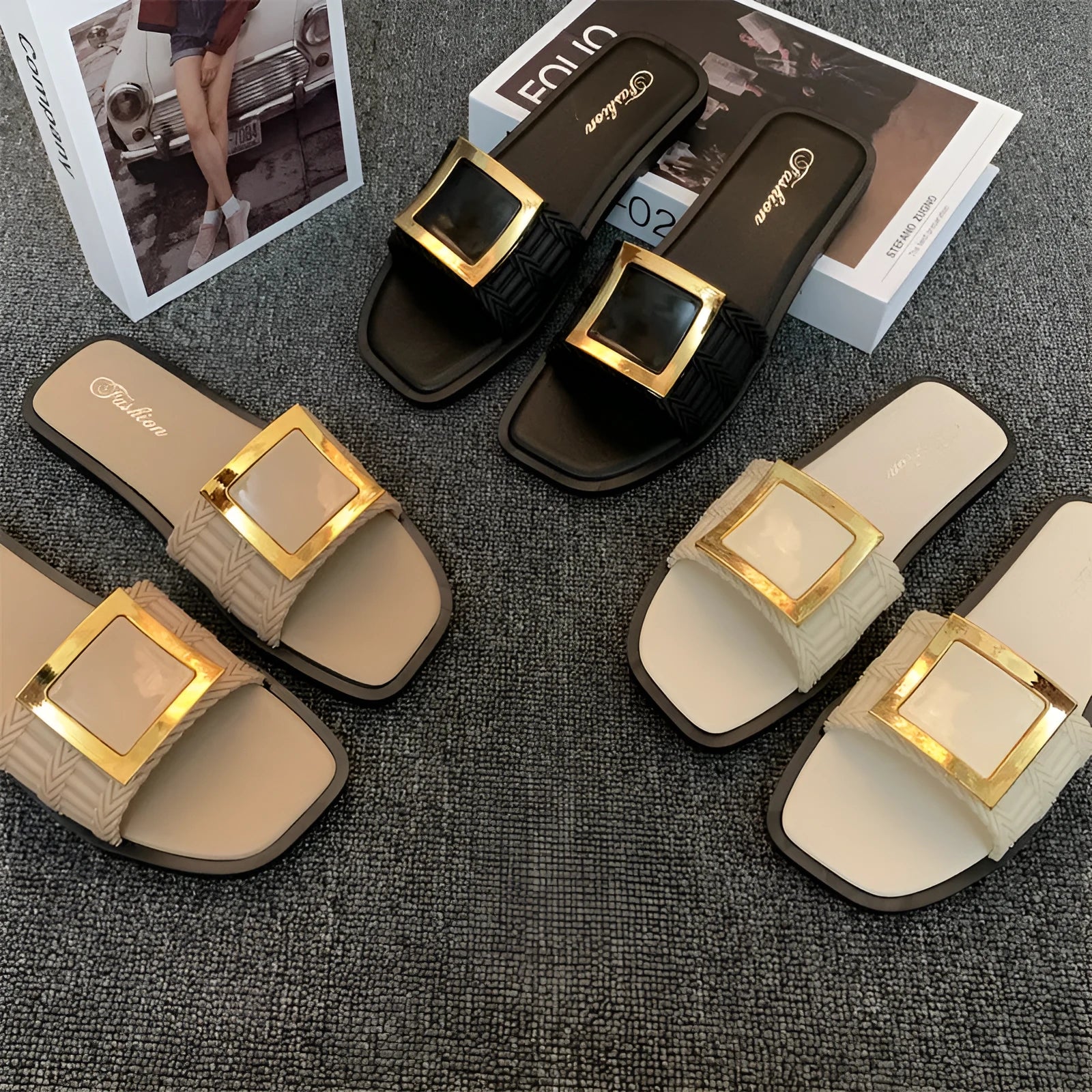 Women's flat summer slippers in apricot, black, or khaki with lightweight PVC soles.