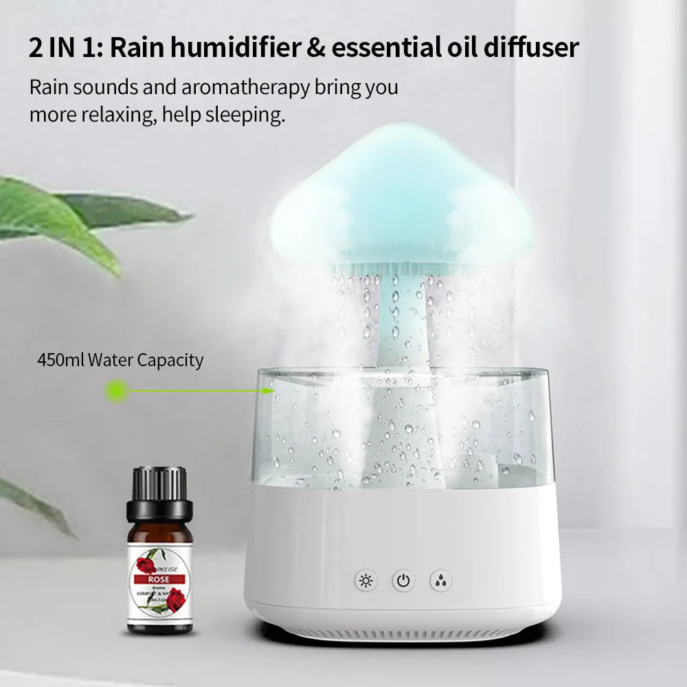 2-in-1 desk humidifier with raining cloud design, essential oil diffuser, and night light in white plastic finish