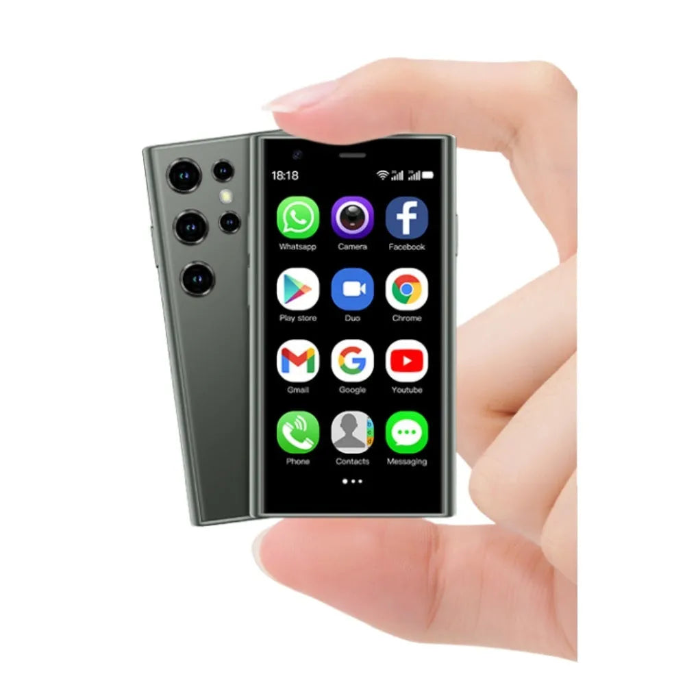 Black mini Android smartphone with 30cm screen showing home screen interface