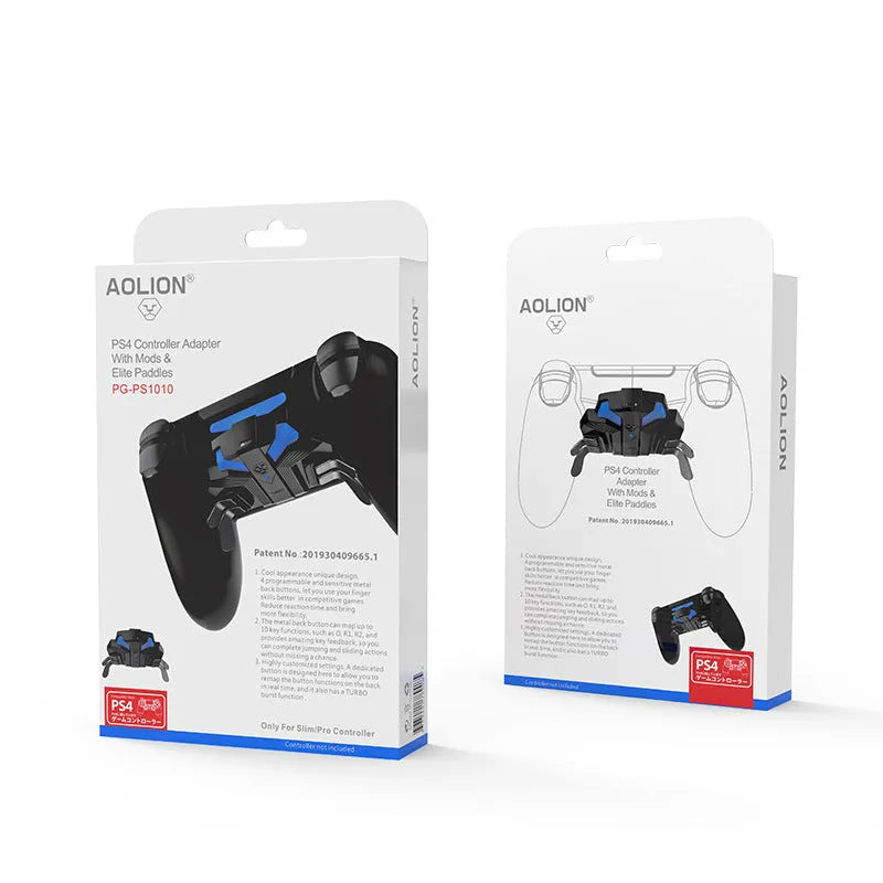 Black PS4 controller back button attachment with a long wired cable connected to a PS4 controller.