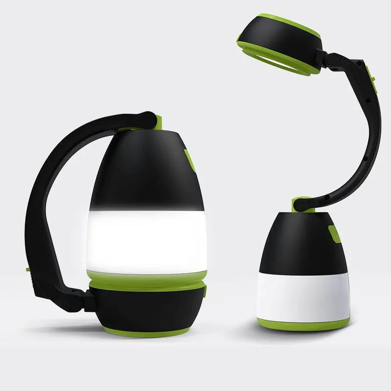 Black green three-in-one LED camping lamp with adjustable lighting angles and USB charging port