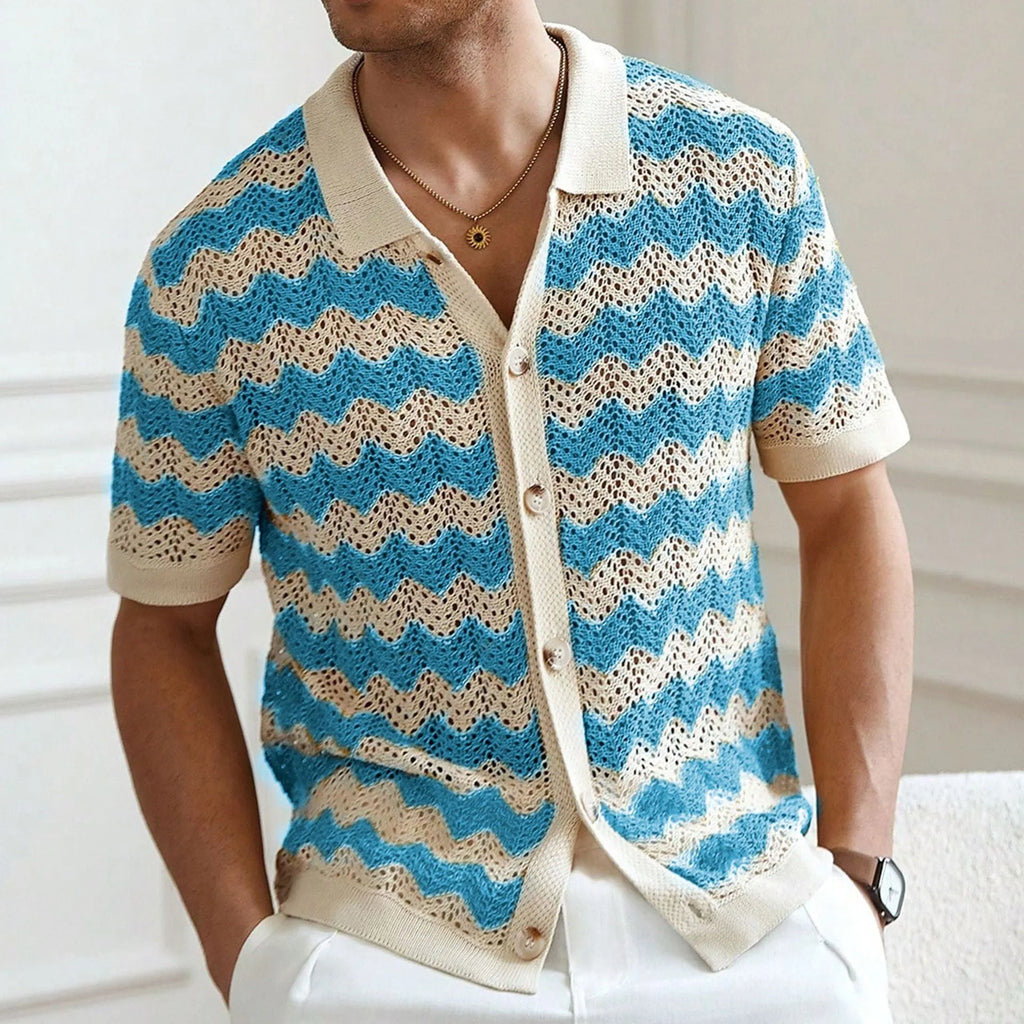 Men's blue short sleeve sweater with textured hollow jacquard corrugated pattern