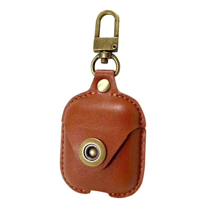 Leather earphone cover holster for Apple AirPods, clamshell design, solid colour brown