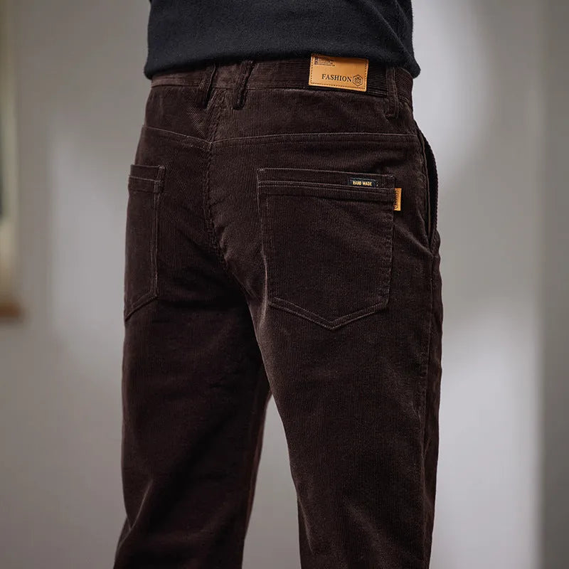 Slim fit straight corduroy trousers in dark gray, cotton fabric, mid waist with micro elasticity.
