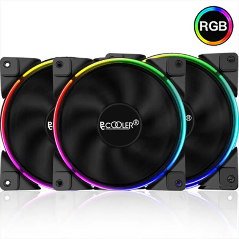 Three black 120mm RGB PC case fans with illuminated blades