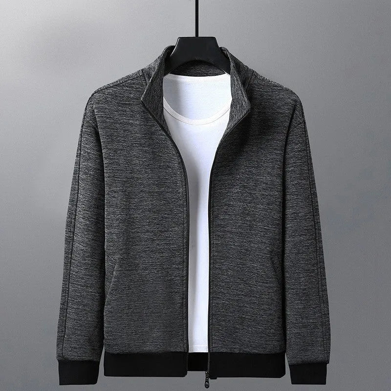 Men's casual athletic jacket with stand-up collar, zipper front, chemical fibre blend, black colour option