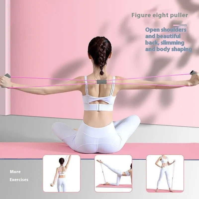 Four-piece yoga fitness set with leg stretcher, pedal device, ring, and tension rope for home exercise.