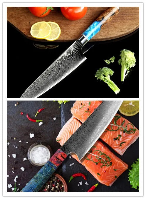 8-piece kitchen knife set with Damascus steel chef knife and multiple blade types