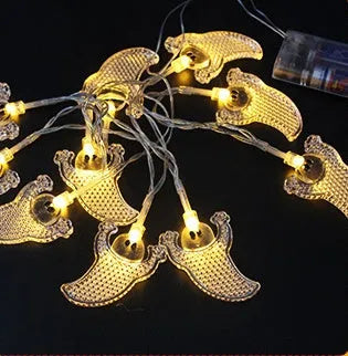 Halloween LED string lights with pumpkin, ghost and bat pendants on 1.2 metre white cord