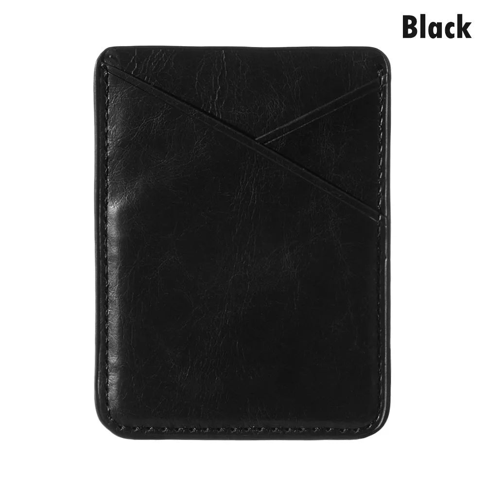 PU leather mobile phone sticker back cover card holder in Black and Pink colour options on a phone