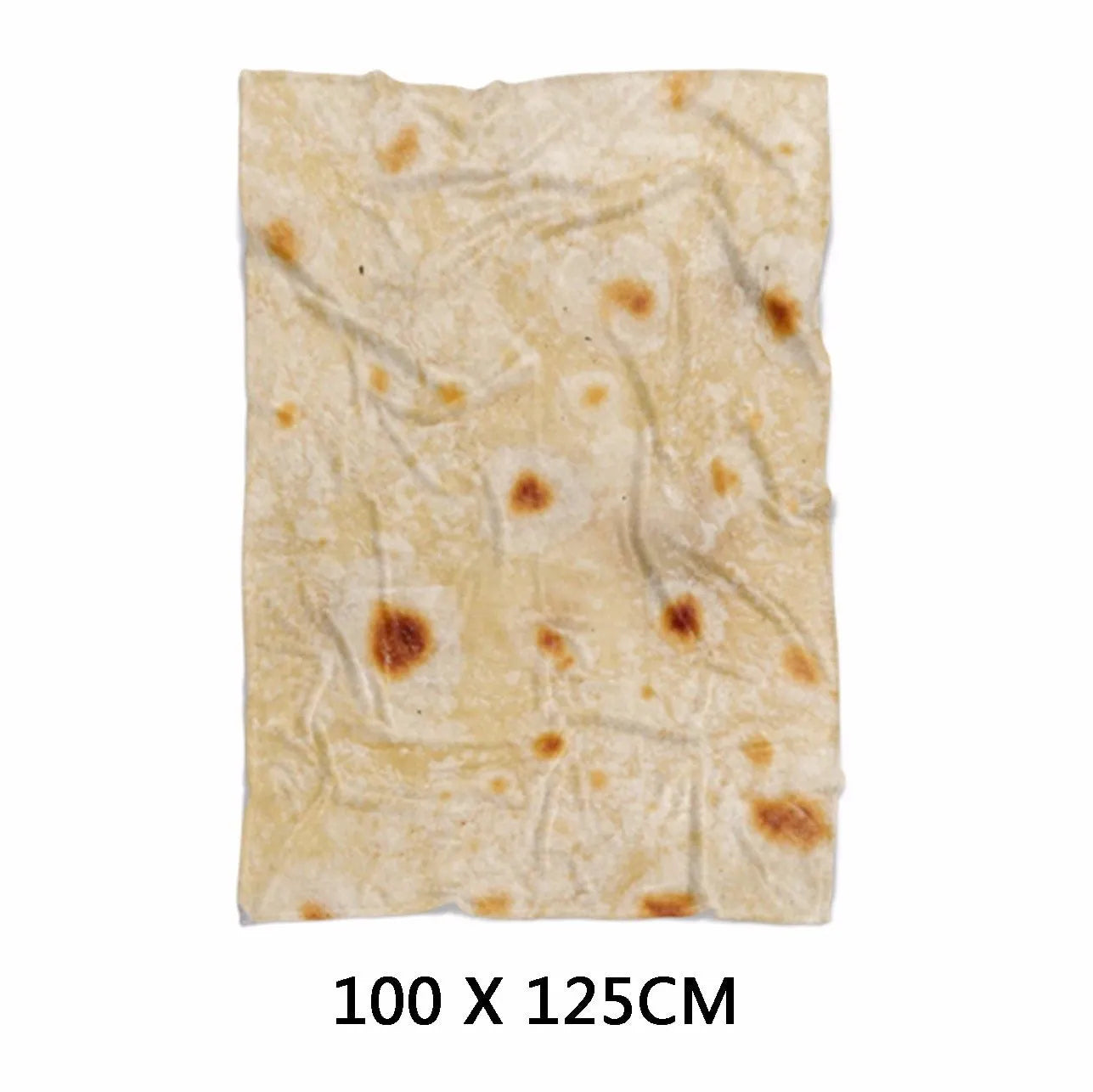 Round burrito design blanket in coral fleece flannel with tortilla print, folded to show size