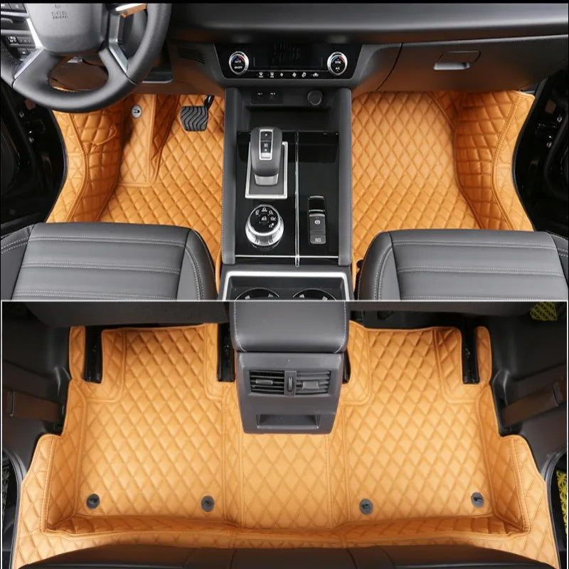 Custom black PU floor mats installed in a Mitsubishi Outlander footwell.