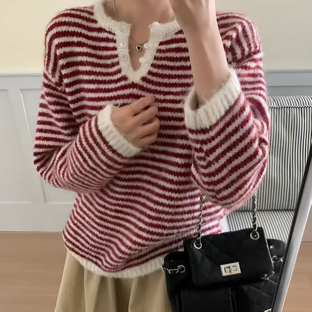 Retro striped cashmere sweater for women in free size pullover style